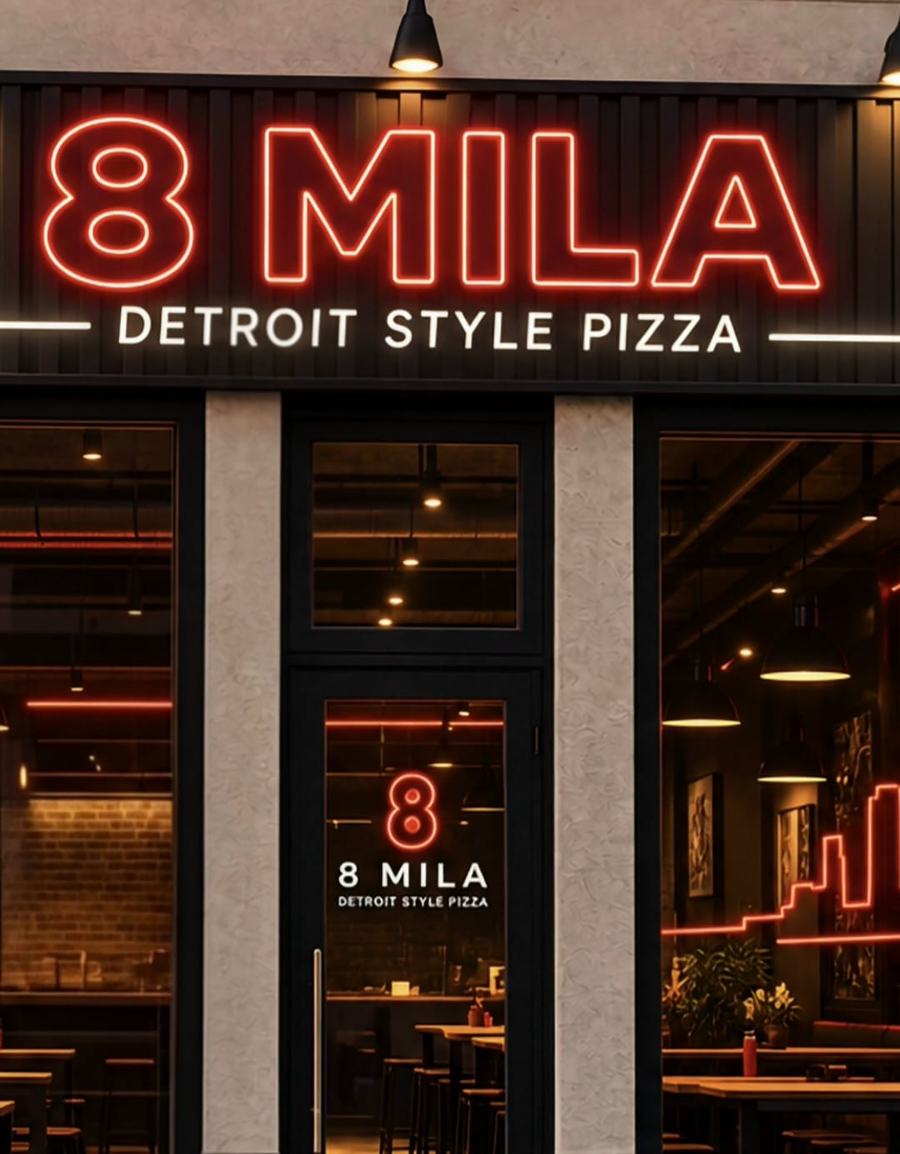 Wizualizacja wejścia do pizzerii 8 Mila z czerwonym neonem nad drzwiami